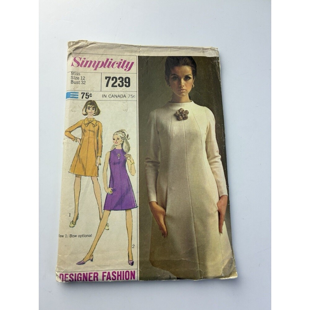 Dress Designer Seam Pockets Bow Size 12 CUT Pattern 7239 Vtg 60s Sleeveless
